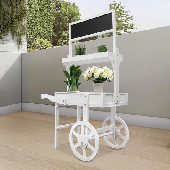 2-Tier Plant Display Stand with Chalkboard and Wheels, 49inch Tall Flower Cart Display Stand for Display Various Flowers, Potted Plants, Made of Fir Wood, White