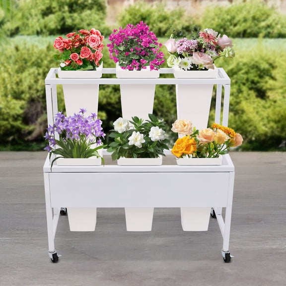 2-Tier Plant Stand Flower Display Stand Plant Cart Rack Decor with 6 Buckets