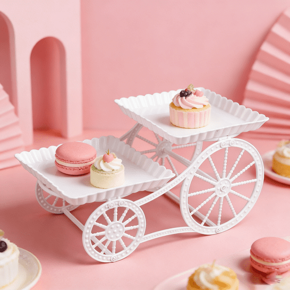 2 Tier Plastic Carriage CupCake Stand Dessert Display, Elegant White Serving Stand with Decorative Square Trays for Cupcakes Cookies, Lightweight Dessert Holder for Easter Spring Party Table Decor