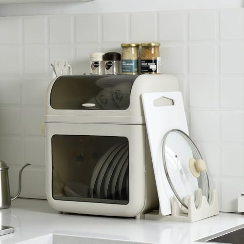 2-Tier Plastic Dish Drying Rack with Cover Dish Drying Rack for Kitchen Counter with Cutting Board, Pot Lid, Hook Storage Rack Dish Rack with Cover, Removable Drain Plate$