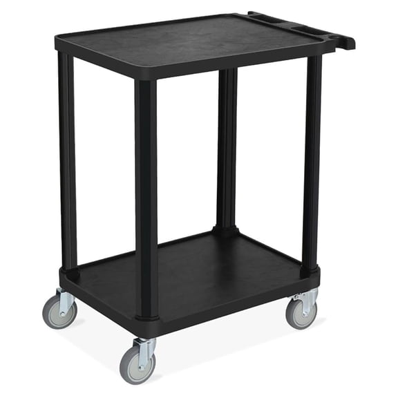 2-Tier Plastic Flat Utility Cart, Rolling Service Cart on Wheels with Braker, Multi-Function Handle and Large CapacityStorage,Perfect for Warehouse Garage Office,Black