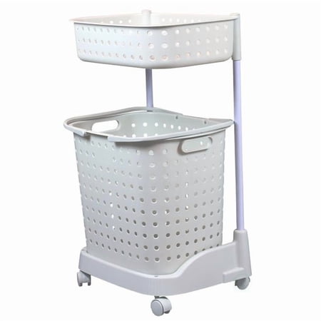 2 Tier Plastic Laundry Basket with Wheels, White