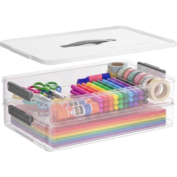 2-Tier Plastic Storage Containers with Lid & Handle, Clear Stack & Carry Project Case with Latches, 5.5Qt Portable File Box Storage Bins for A4 Paper, Document, Scrapbook, Craft Art Supplies