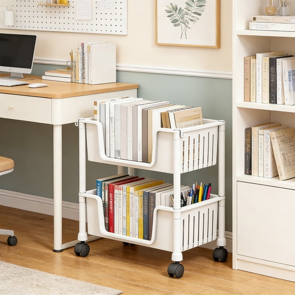 2 Tier Plastic Storage Rack with Wheels, Movable Organizer Shelf for Kitchen Bathroom Living Room, White