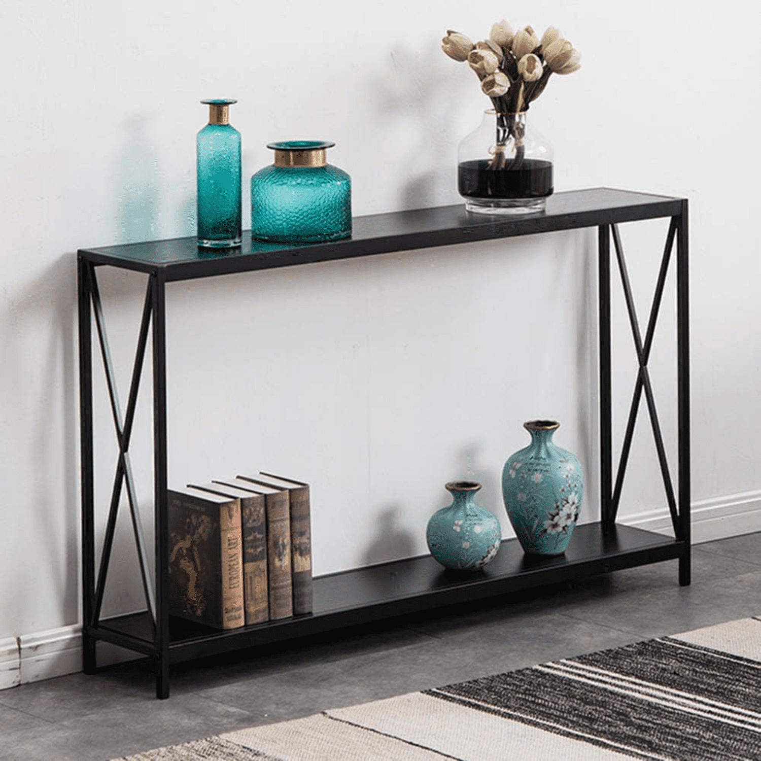 2-Tier Porch Table Sofa Side Console Table with Shelf X-Design Narrow ...