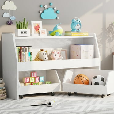 2-Tier Portable Toy Storage, Kids Toy Organizer W/2 Removable Bins with 4 Wheels（White)