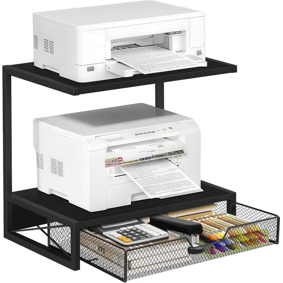 2-Tier Printer Shelf with Drawers, Wooden Desk Organizer Shelf for Small Printers and Office Supplies, Desktop Storage Rack for Books, Folders, Scanner, Fax Machine, 3D Printer, Black