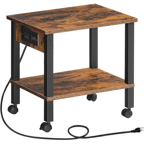 2-Tier Printer Stand with Charging Station, Under Desk Printer Table, Printer Cart with Storage Shelves, Shelf for Small Spaces, for Home Office, Rustic Brown and Black BF38UPS01