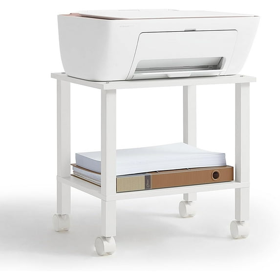 2 Tier Printer Stand with Storage,Under Desk Shelf Printer Table, Rolling Printer Cart for Office,Home,White