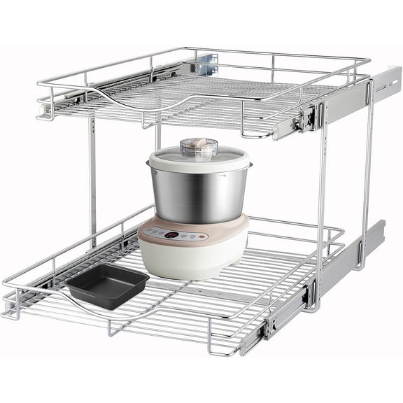 2 Tier Pull Out Cabinet Organizer (11"W X 21"D), Double Tier Wire Basket Slide Out Shelf Storage for Kitchen Base Cabinet Organization for Kitchen, Pantry, Bathroom, Chrome
