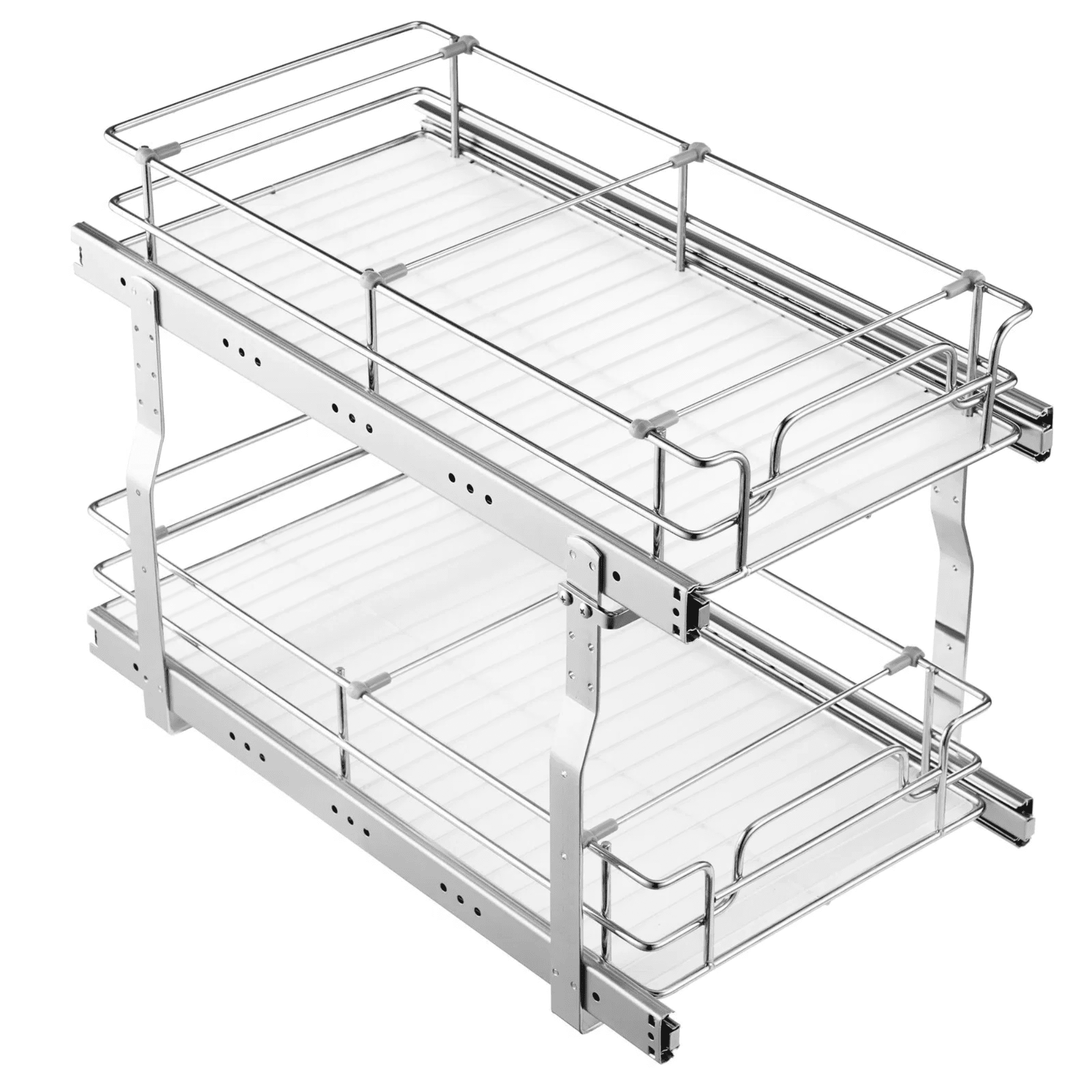 2 Tier Pull Out Cabinet Organizer, 12” W x 21” D Heavy Duty Sliding Pantry Shelves with Dividers, Steel Roll-Out Drawer for Kitchen Cabinet & Under Sink Storage