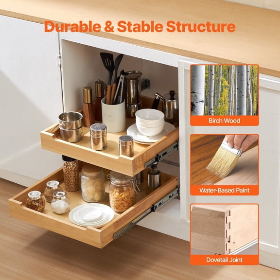 2 Tier Pull Out Cabinet Organizer,20"Wx21"D Cabinet Drawer,Soft Close Slide out Shelf,Heavy-Duty Sliding Wood Drawer,Adjustable Base Cabinet Organization for Kitchen Pantry Bathroom