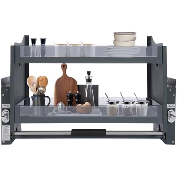 2 Tier Pull Down Cabinet Organizer,30.08 X 10.24 X 21.65 Inch Kitchen Cabinets, Pull Down Shelf For Cabinets With Tempered Glass Guardrail, For Bathroom Home Kitchen High Cabinet,Dark Grey