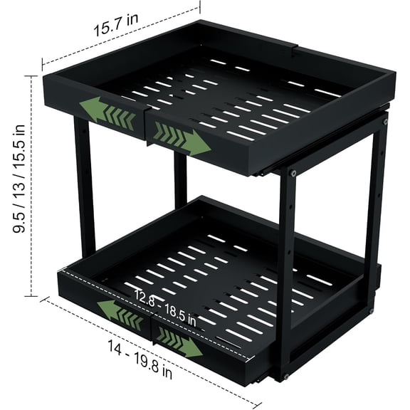 2 Tier Pull Out Cabinet Organizer ,Adjustable Width & Height,Expandable Pull-Out Drawers For Cabinets, Slide Out Shelves for Kitchen Cabinets / Countertop / Pantry,Heavy-Duty & Easy to Install(Black)