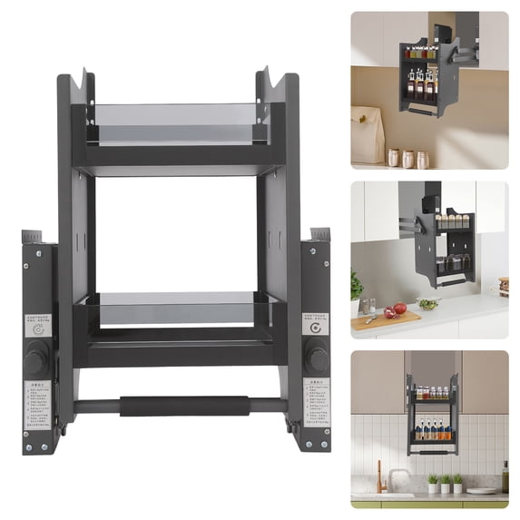 2 Tier Pull Down Cabinet Organizer, Adjustment Height Kitchen Wall Cabinet Storage Organizer with Adjustable Weight Knobs for Kitchens, Restaurants, Hotels, Apartments, Dark Grey