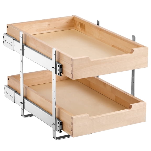 2 Tier Pull Out Cabinet Organizer 14 Inch Wide x 21 Inch Deep Soft Close Sliding Wood Drawer Shelf, Adjustable Base Cabinet Storage Solution for Kitchen Pantry Bathroom and Under Sink Use