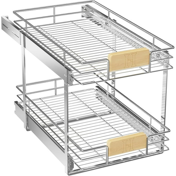 2 Tier Pull Out Cabinet Organizer with Wooden Handle, 16½" W x 21½" Kitchen Cabinet Pullout Shelf, Heavy Duty Slide Out Pantry Drawer Storage For Kitchen, Bathroom