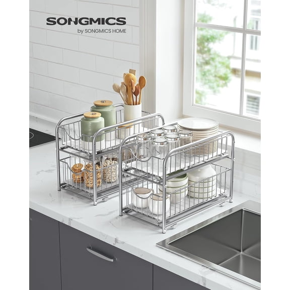 2-Tier Pull Out Cabinet Organizers, Under Sink Organizer, Bathroom Organizer and Storage, Sliding Basket Drawers, Stackable for Kitchen, Bathroom, Metallic Silver UKCS017E01