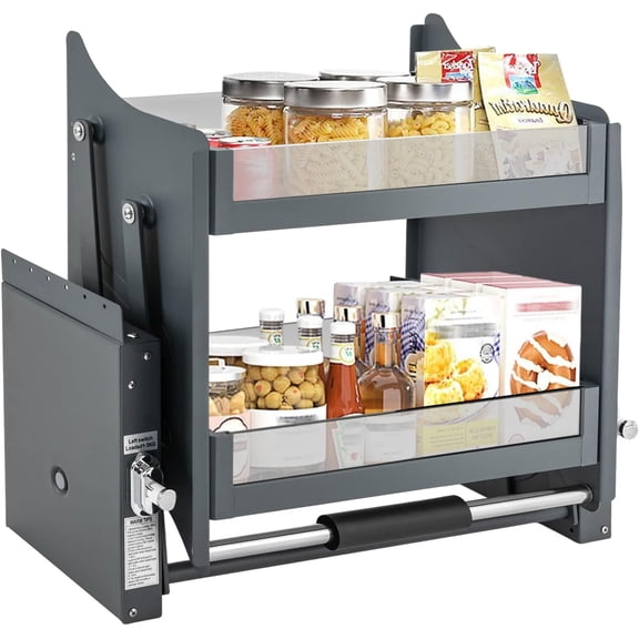 2-Tier Pull-Down Shelf, Heavy Duty Pull Down Cabinet Organizer with Pneumatic Damping System Pull Down Spice Rack Cabinet Hanging Mount Spice Rack Organizer for Kitchen/Bar/Cafe