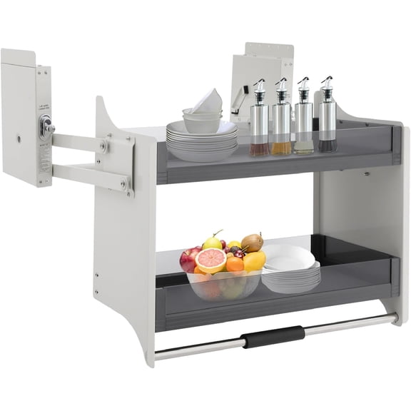 2-Tier Pull Down Shelf for Upper Cabinets, Pull Down Cabinet Organizer Rack, Glass Tray Drop Down Sliding Shelf for Kitchen Appliance White & Black