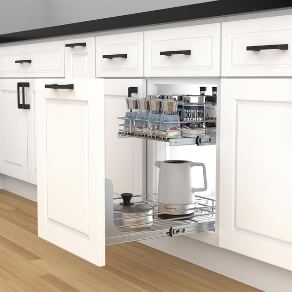 2 Tier Pull Out Cabinet Organizer, 14" W x 21" D Heavy-Duty Metal Sliding Drawer Shelf for Kitchen Cabinets, Chrome