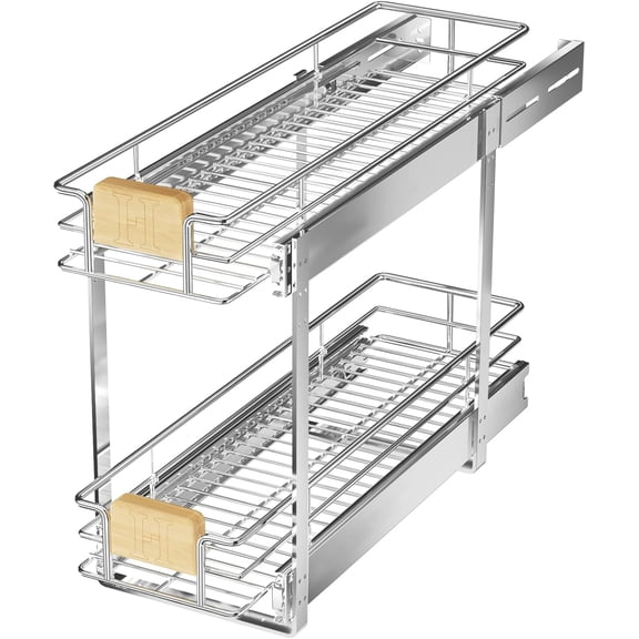 2 Tier Pull Out Cabinet Organizer 7" W x 21" D, Slide Out Drawers with Wooden Handle, Sliding Shelves Organization and Storage for Kitchen, Pantry