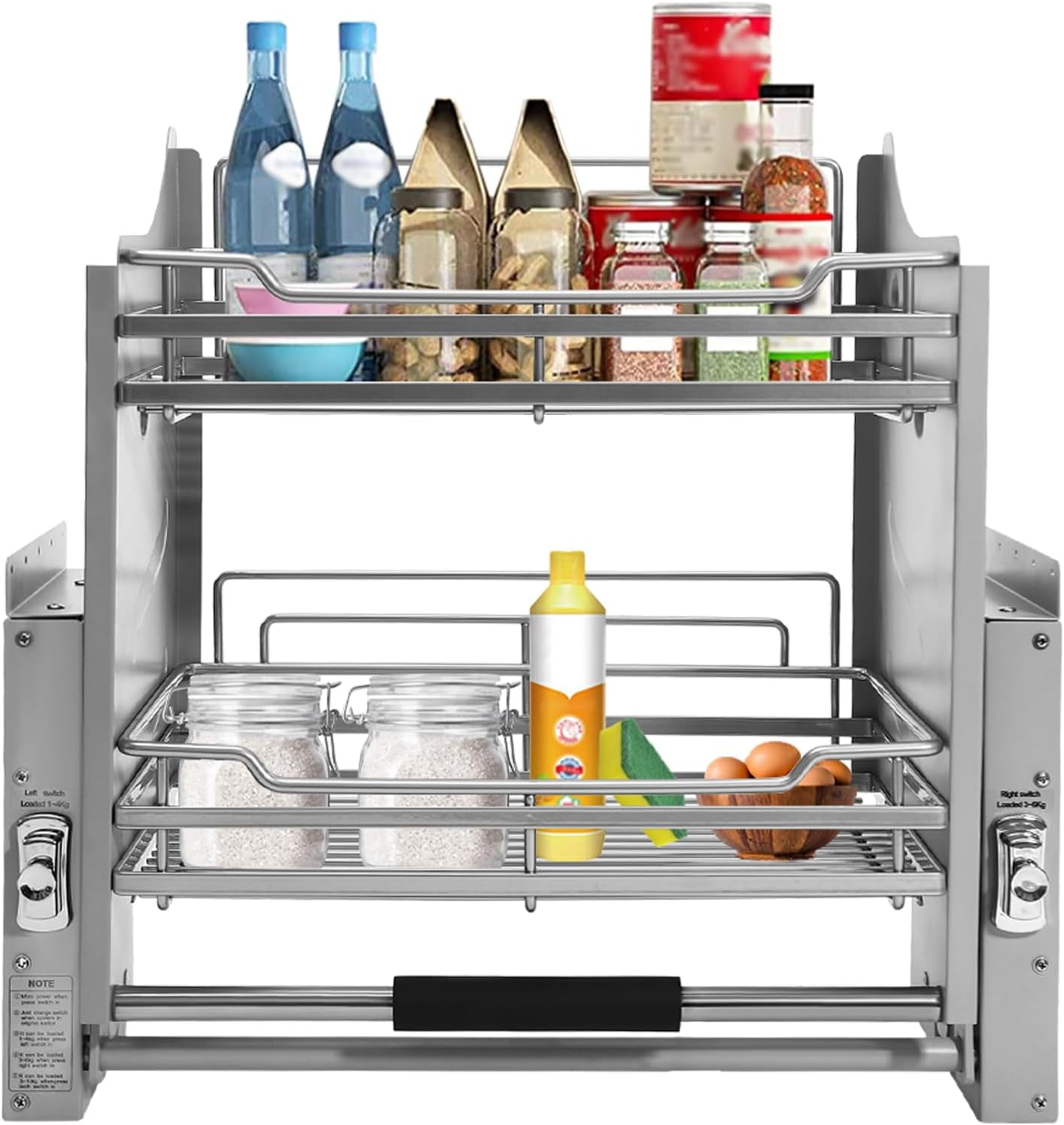 2-Tier Pull-Out Cabinet Organizer with Drop-Down Shelf - Rectangular Space-Saving Plate & Bowl ...