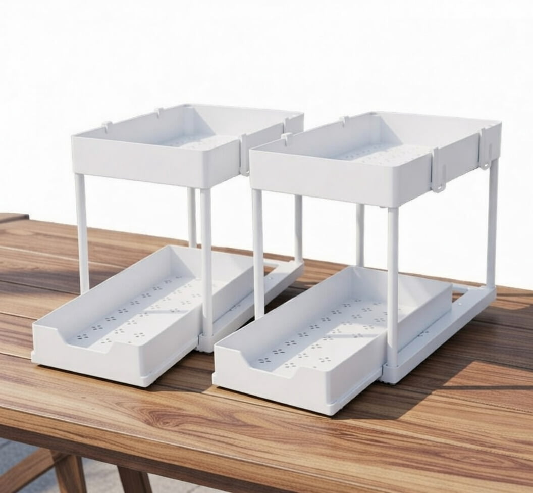 2-Tier Pull-Out Cabinet Organizer Sliding Storage Shelf - Under Sink or Kitchen Cabinet Organizer with Baskets and Hooks