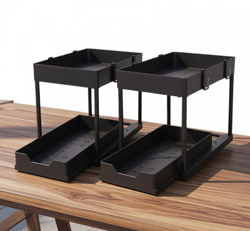 2-Tier Pull-Out Cabinet Organizer Sliding Storage Shelf - Under Sink or Kitchen Cabinet Organizer with Baskets and Hooks