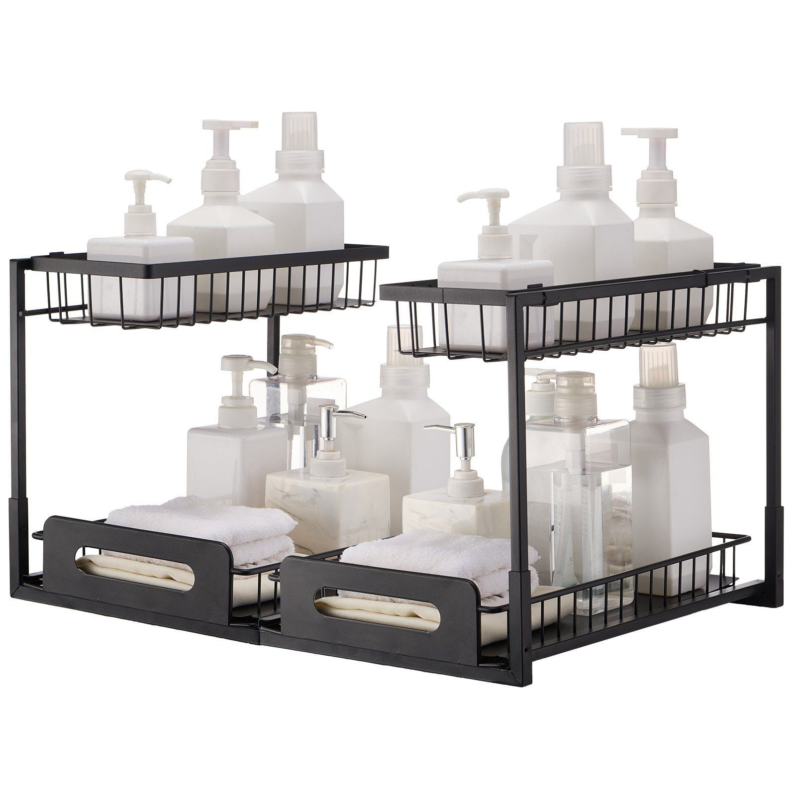2 Tier Pull Out Cabinet Organizer Under Sink Storage Slide Out Drawer Wire Basket Shelf 25.5Wx15.5Dx13H Install Size 2 Pack