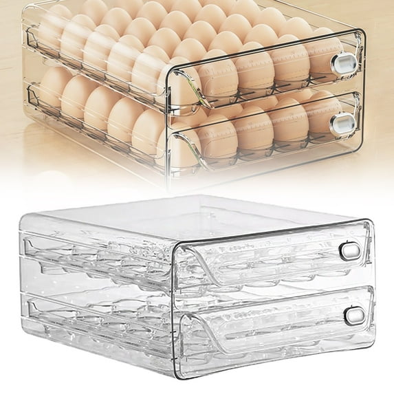 2 Tier Pull-Out Clear Egg Holder for Fridge, Large Egg Storage Container Organizer Bin for Refrigerator Holds 60 Eggs, Stackable Fridge Draw Organizer for Fridge Shelf, Kitchen Countertop, Pantry
