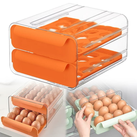 2 Tier Pull-Out Large Egg Holder for Fridge, Clear Plastic Egg Container Organizer for Refrigerator Holds 32 Eggs, Shatter Proof Egg Holder Countertop, Easy to Access, Kitchen Gadgets, Orange