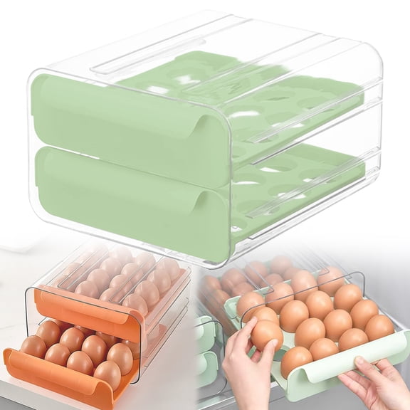 2 Tier Pull-Out Large Egg Holder for Fridge, Clear Plastic Egg Container Organizer for Refrigerator Holds 32 Eggs, Shatter Proof Egg Holder Countertop, Easy to Access, Kitchen Gadgets, Green