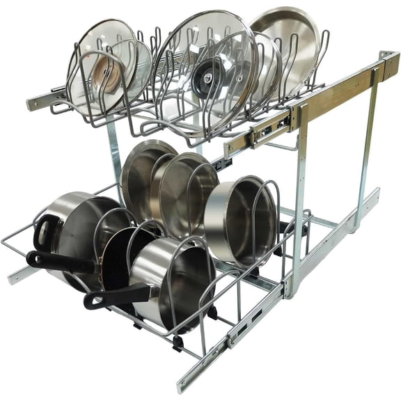 2 Tier Pull Out Pot and Pan Organizer,Pull Out Cabinet Organizer for Pot Pan Lid Organization, Individual Slide Out Cookware Organizer