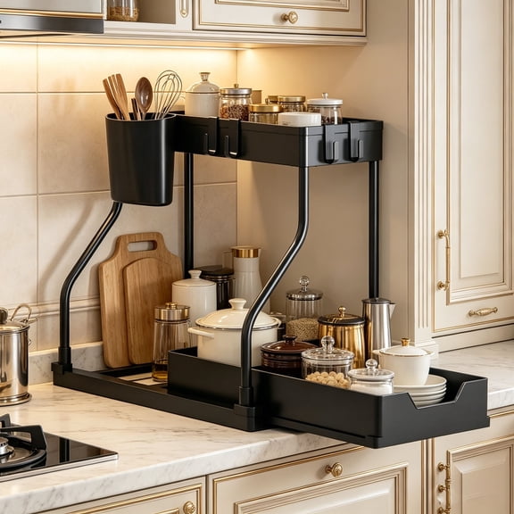 2-Tier Pull-Out Under Sink Organizer, Slide-Out Kitchen Cabinet Storage Shelf - Black Metal Under Cabinet Drawer for Bathroom, Kitchen & Pantry