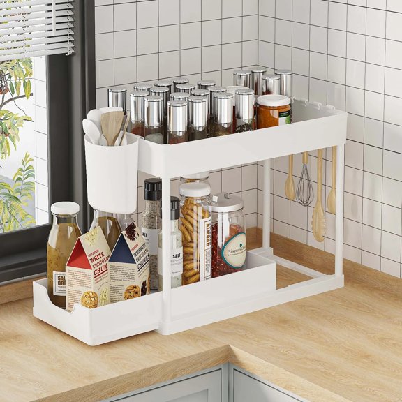 2‑Tier Pull‑Out Under‑Sink Organizer, Space‑Saving Slide‑Out Cabinet Storage Rack With Hooks & Storage Cups, Multi‑Purpose Shelf for Kitchen and Bathroom Household Cabinet Organization