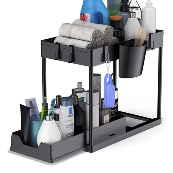 2‑Tier Pull‑Out Under‑Sink Organizer, Space‑Saving Slide‑Out Cabinet Storage Rack With Hooks & Storage Cups, Multi‑Purpose Shelf for Kitchen and Bathroom Household Cabinet Organization