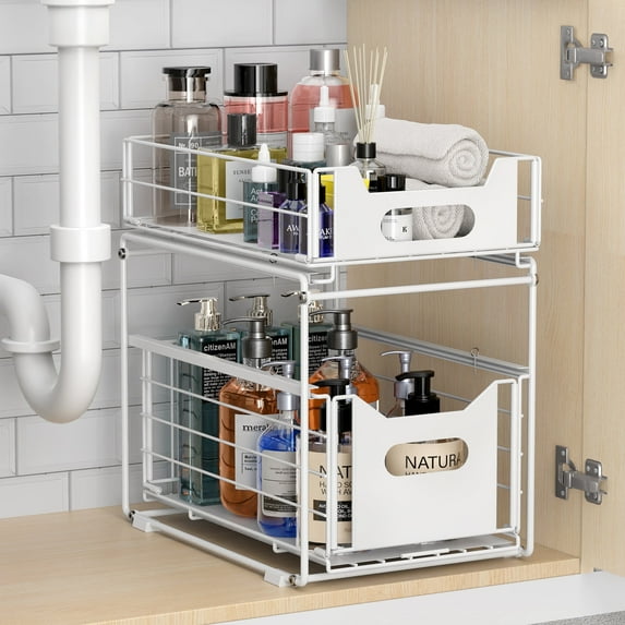 R RUIMEI 2-Tier Pull Out Under Sink Organizers and Storage for Bathroom, Kitchen, Metal Shelf Basket Holds up to 86lbs for Kitchen Bathroom Cabinet or Pantry(White)