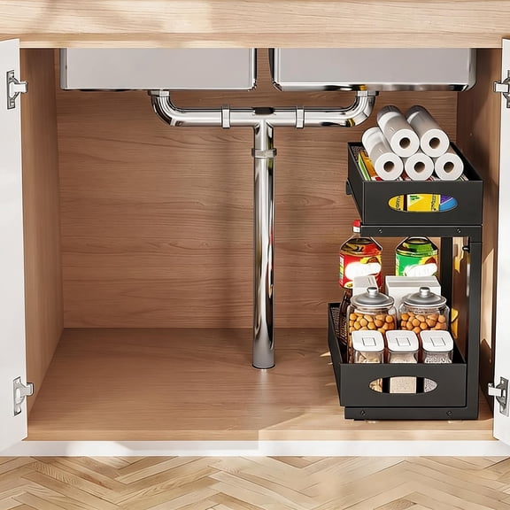 2-Tier Pull-Out Under basin Organizer – Heavy-Duty Carbon Steel Storage Rack with Adjustable Height and Slide-Out Drawer for Kitchen Cabinets, Closets – Easy No-Drill Installation
