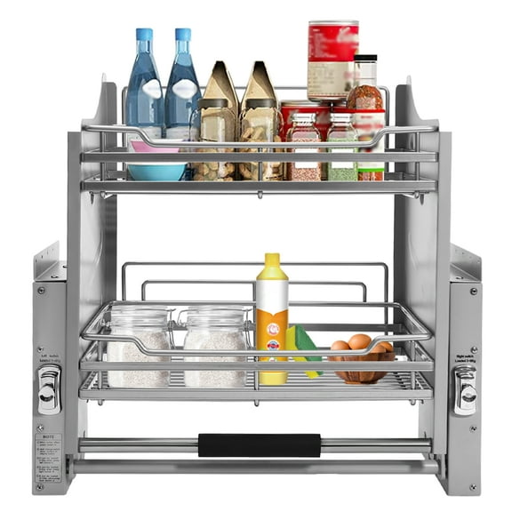 2 Tier Pull Down Shelf Cabinet Organizer, Adjustable Heavy Upper Kitchen Cabinet Storage Pull Down Shelf Spice Rack Organizer for Kitchens, Restaurants, Hotels, Apartments, Dark Grey