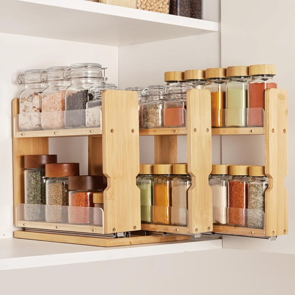 2-Tier Pull Out Spice Rack, Vertical Sliding Cabinet Organizer with 3 Slide-Out Drawers, Drill-Free Kitchen Pantry Storage for Large Seasoning Bottles