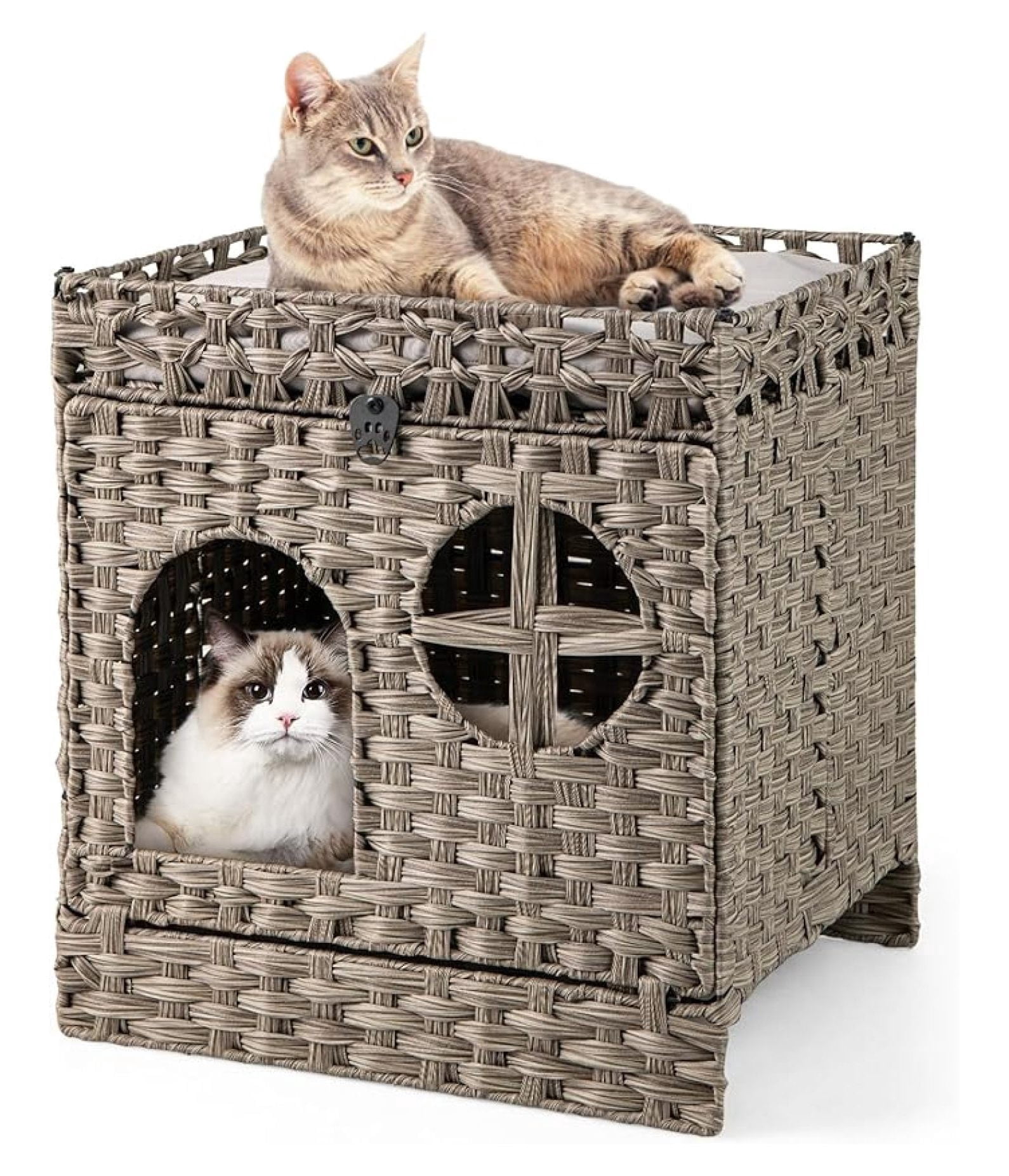 lqyy 2-Tier Rattan Wicker Cat Litter Box Furniture with Litter Mat, Gray
