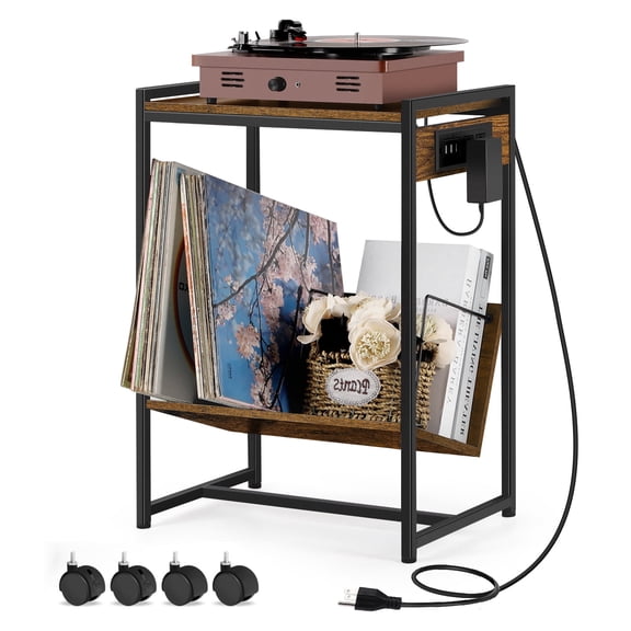 2 Tier Record Player Stand End Table Vinyl Storage with Charging Station Wheels