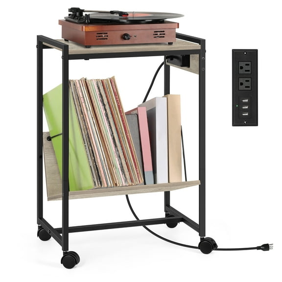 2 Tier Record Player Stand End Table Vinyl Storage with Charging Station Wheels
