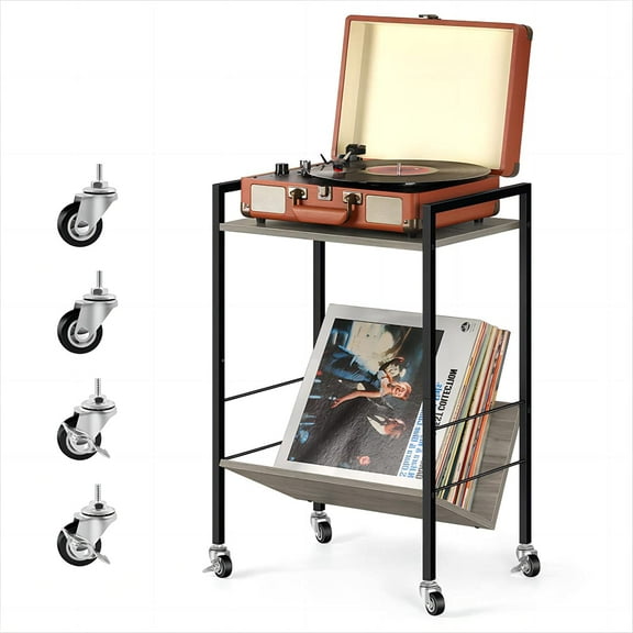 2 Tier Record Player Stand End Table with Vinyl Storage Shelf, Gray