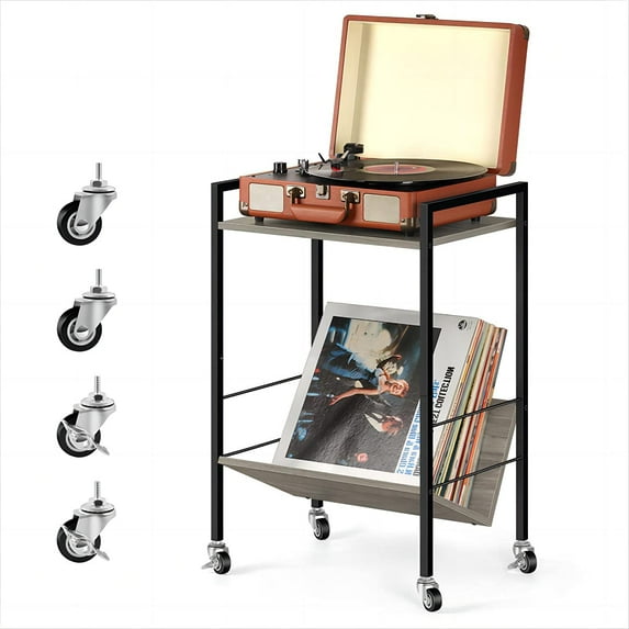 2 Tier Record Player Stand End Table with Vinyl Storage Shelf, Gray
