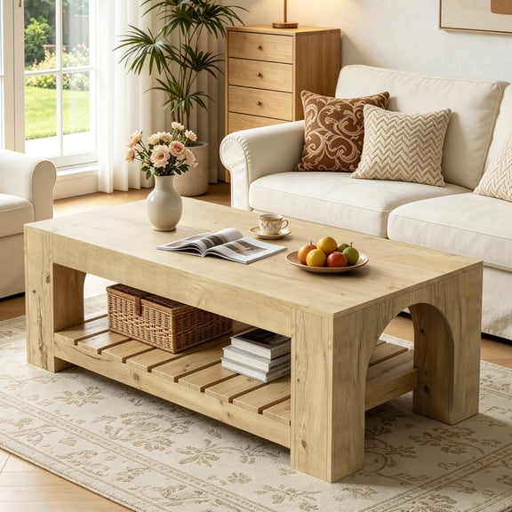 2-Tier Rectangle Coffee Table for Living Room, 47.3" Modern Center Table with Arched Design, Accent Tea Cocktail Table with Storage (Wood)