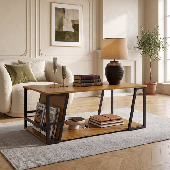 2 Tier Rectangle Coffee Table with Storage Shelf and Compartment, Industrial Accent Table for Living Room,Natural