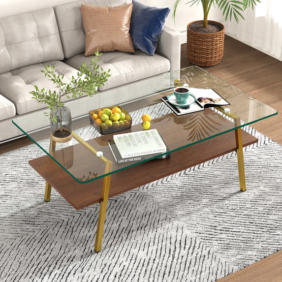 2-Tier Rectangle Glass Coffee Table, Modern Side Center Table with Metal Legs and Tempered Glass Tabletop, Mid-Century Furniture Tea Table for Living Room, Home, Transparent + Gold