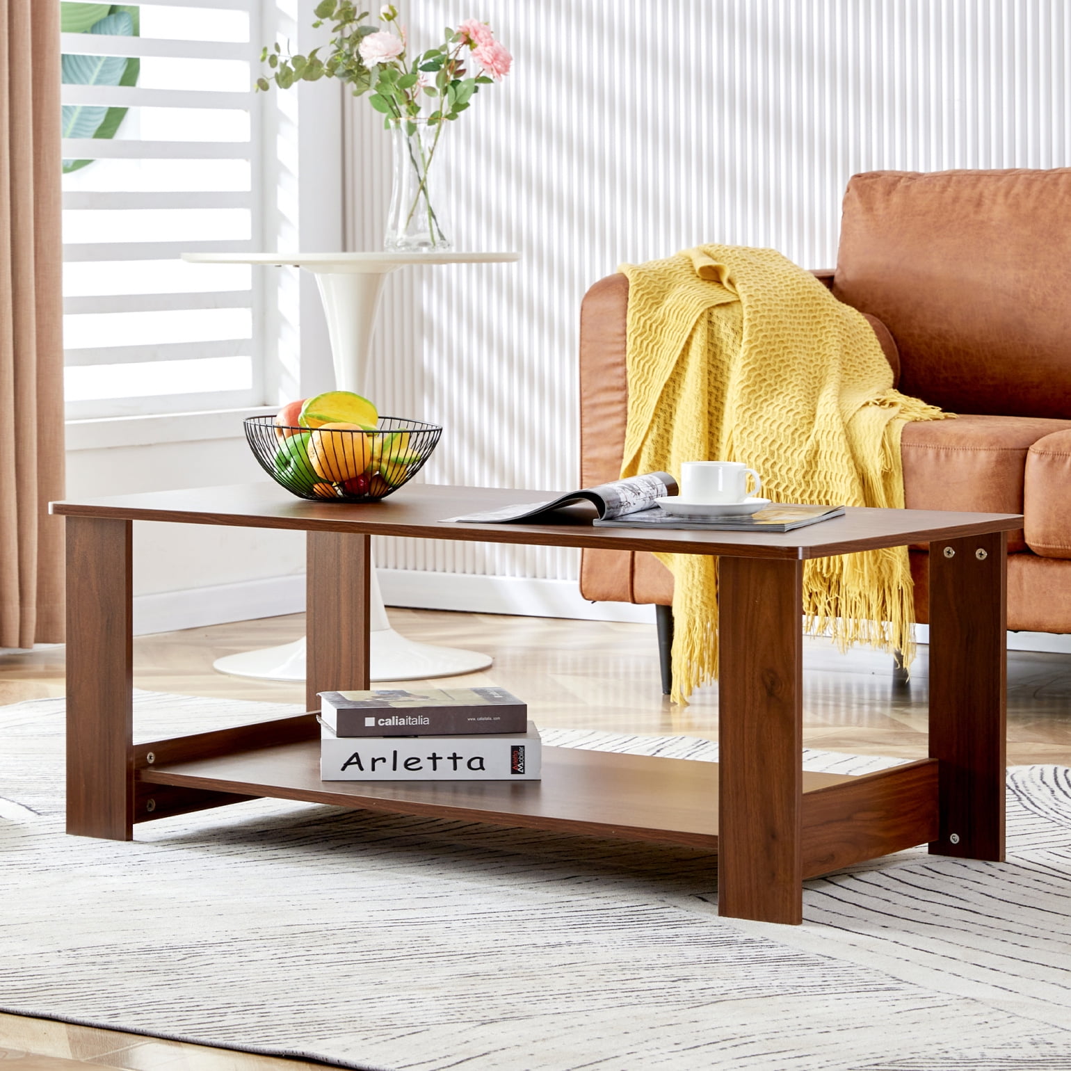 2-Tier Rectangle Modern Coffee Table,Living Room Tea Table with Rounded Edge,43.3"L Center Table ...